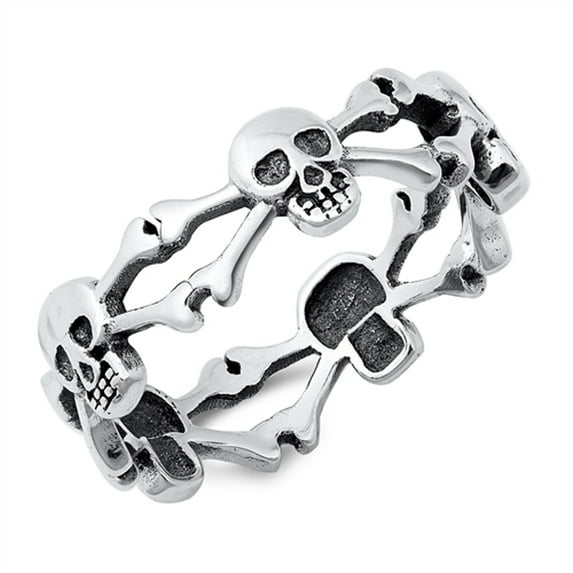 Biker Skull and Cross Bones Pirate Band Sterling Silver Ring 925 Jewelry Female Male Unisex Size 8