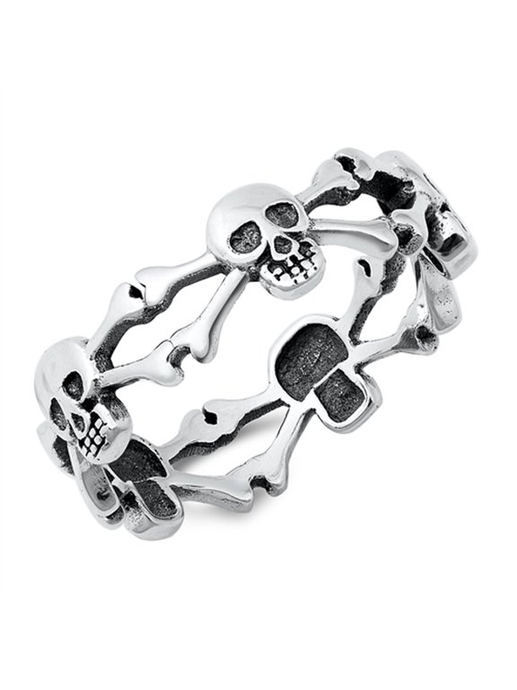 Biker Skull and Cross Bones Pirate Band Sterling Silver Ring 925 Jewelry Female Male Unisex Size 9