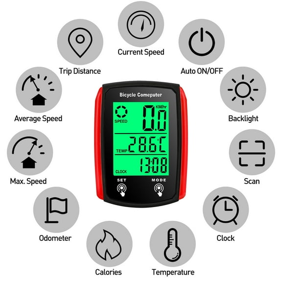 Biker Speedometer,Waterproof Computer With 19 Functions Functions Bike Bike Waterproof Bike Computer Wired Computer 19 Functions Bike Waterproof Computer Siuke Wemay Red