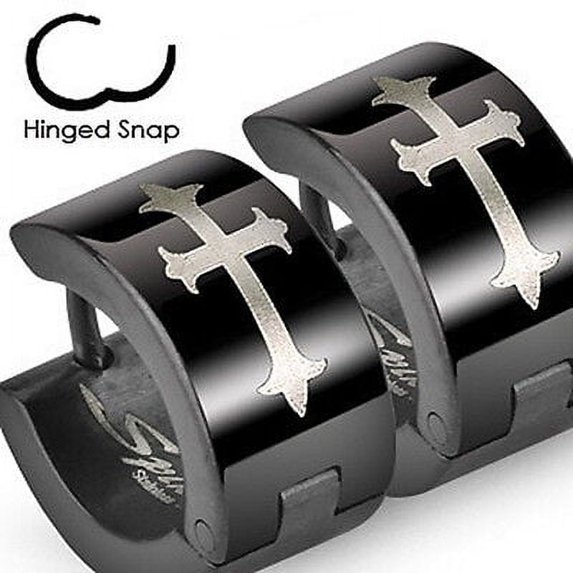 Biker Style - Black Gothic Midieval Cross - Stainless Steel Wide Hoop Earrings