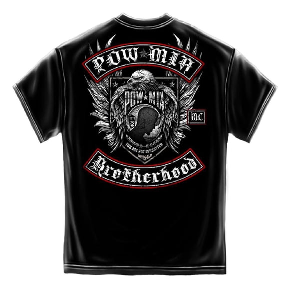 Biker Style POW MIA Brotherhood Silver Foil T-Shirt by Erazor Bits, Black