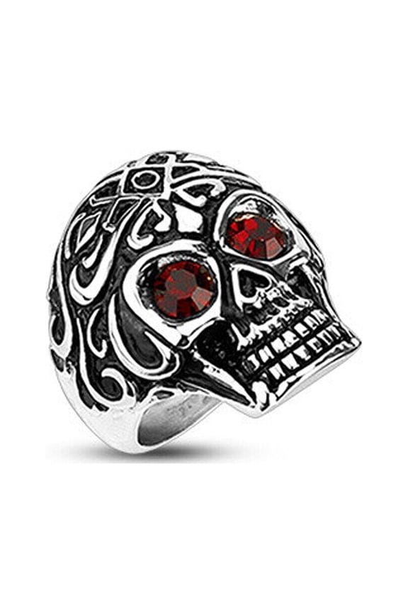 Biker Style - Red Eyed Skull Ring / Biker Ring - Gothic Motorcycle Rings for Men