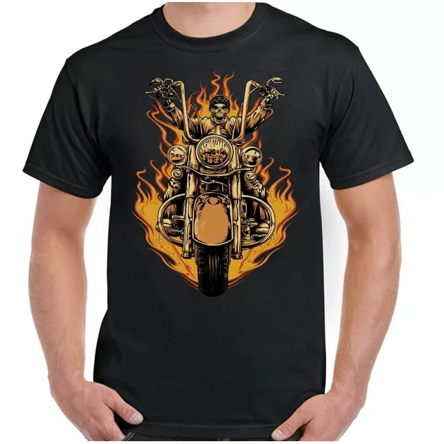 Biker TShirt Mens Motorbike Motorcycle Flames Skull Skeleton Bike