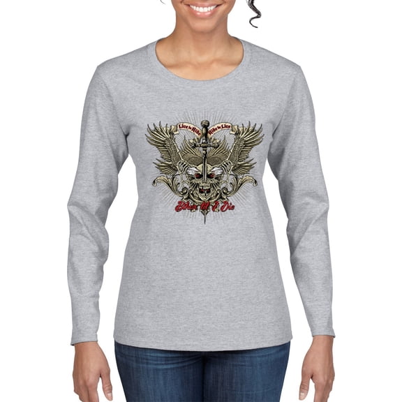 Biker Til I Die Live to Ride Motorcycle Cars and Trucks Womens Graphic Long Sleeve T-Shirt, Heather Grey, Large