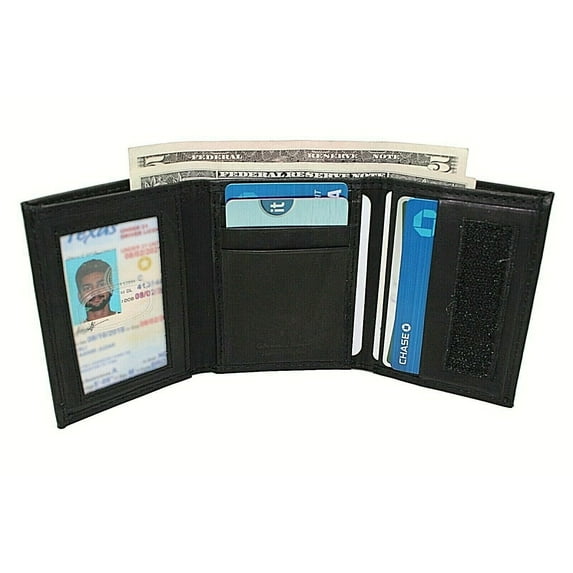 Tri-Fold Leather Wallet for men V-Tape Closer Window ID Black