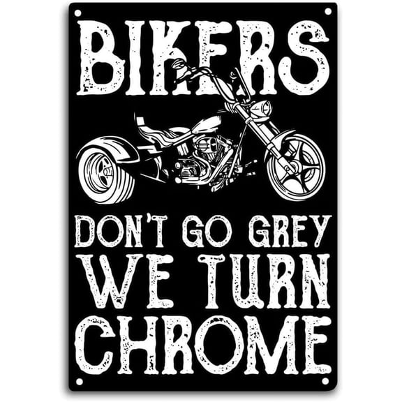 Biker We Turn Chrome Metal Tin Sign, Racing Motocross Wall Decor Plaque for Home Office Garage Cafe Bar, 12 x 8 Inch