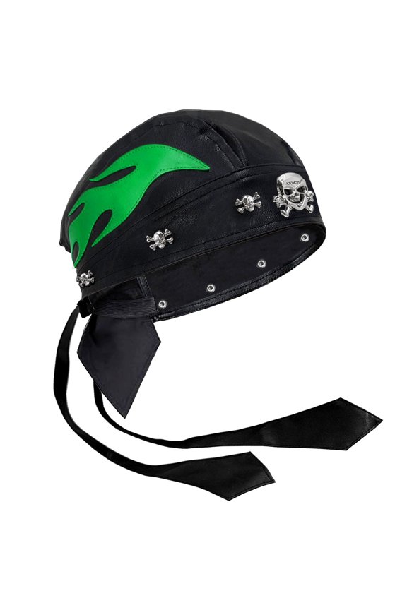 Biker Wrap Skull Rivet Cap Unisex Do Du Rag Leather Doo Rag Flame Cap with Snug Fit for Riding