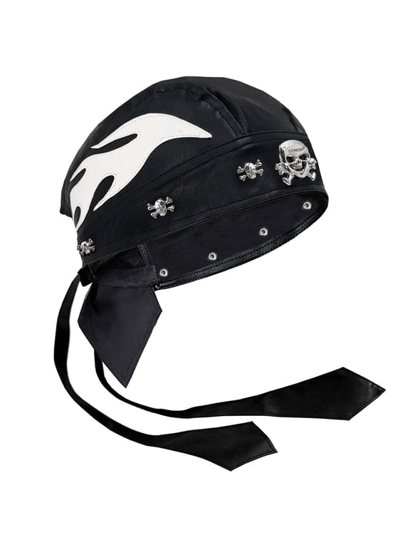 Biker Wrap Skull Rivet Cap Unisex Do Du Rag Leather Doo Rag Flame Cap with Snug Fit for Riding