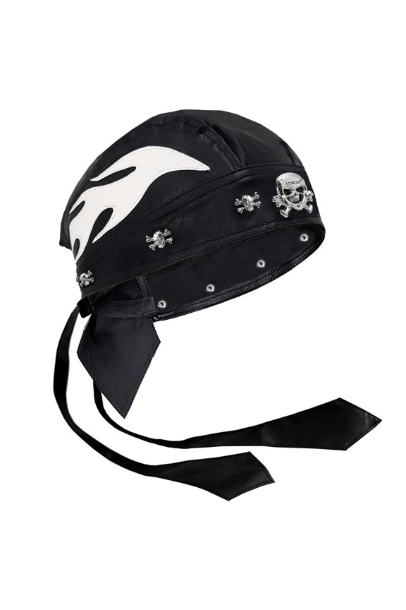 Biker Wrap Skull Rivet Cap Unisex Do Du Rag Leather Doo Rag Flame Cap with Snug Fit for Riding