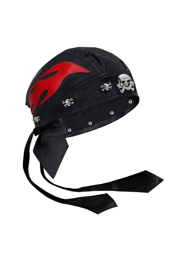 Biker Wrap Skull Rivet Cap Unisex Do Du Rag Leather Doo Rag Flame Cap with Snug Fit for Riding