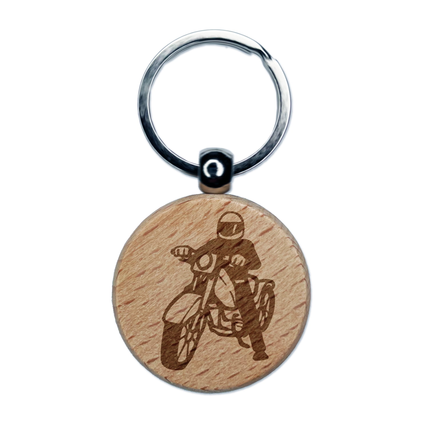 Biker on Motorcycle Round Keychain Charm Tag Engraved Wood