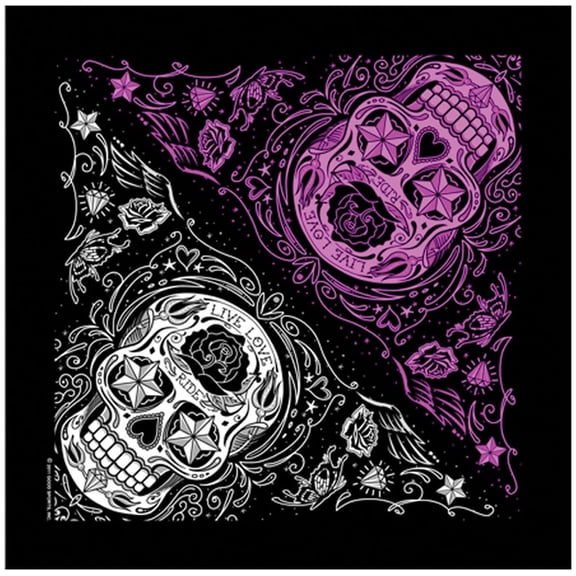 Bikers Bandanas Collection, Original Artwork Design, High Quality Thread Count BANADANA, Sugar Skull, Live, Love, Ride 21" x 21"