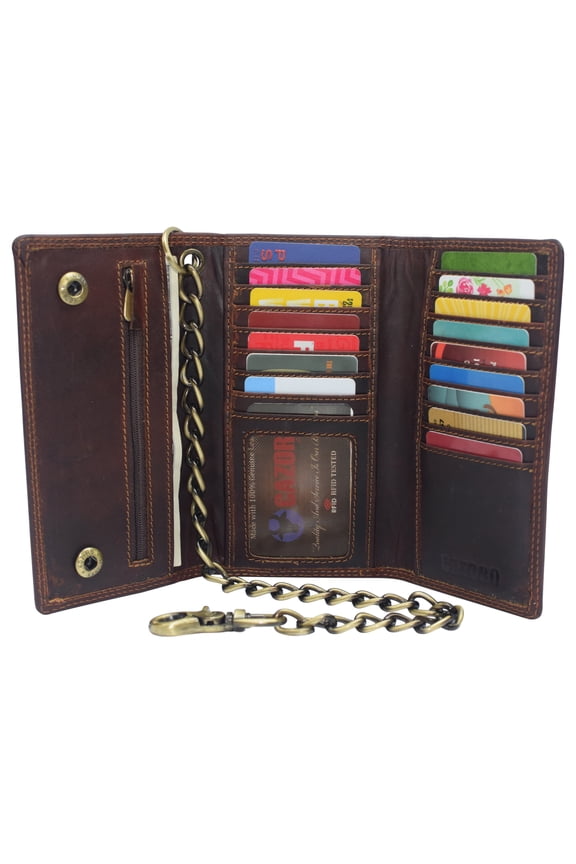 Bikers RFID safe Cow Leather Crazy Horse Brown Long Checkbook Trifold Chain Wallet for Men Vintage Texture style