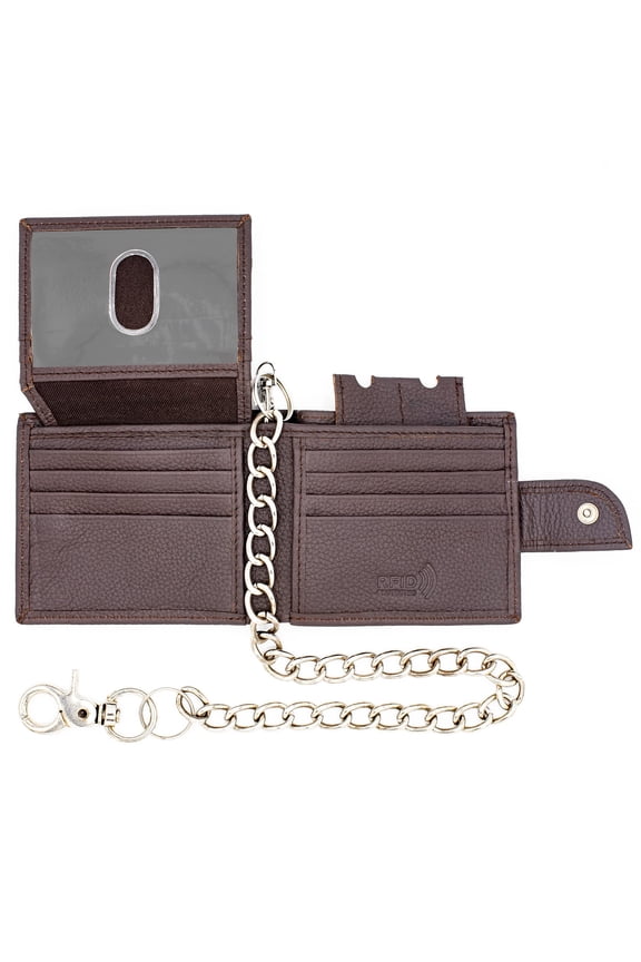 Bikers RFID safe Leather Bi-fold Chain Wallet for Men Flip up Thumb ID J522 Loop Closer