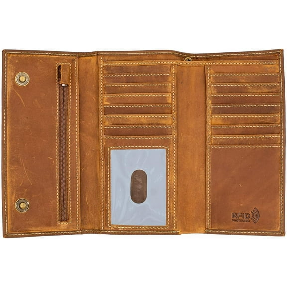 Long Trifold RFID Blocking, Credit Card Money Organizer, Top Bill Slot, Leather Biker Trifold Wallet Long Checkbook for Men