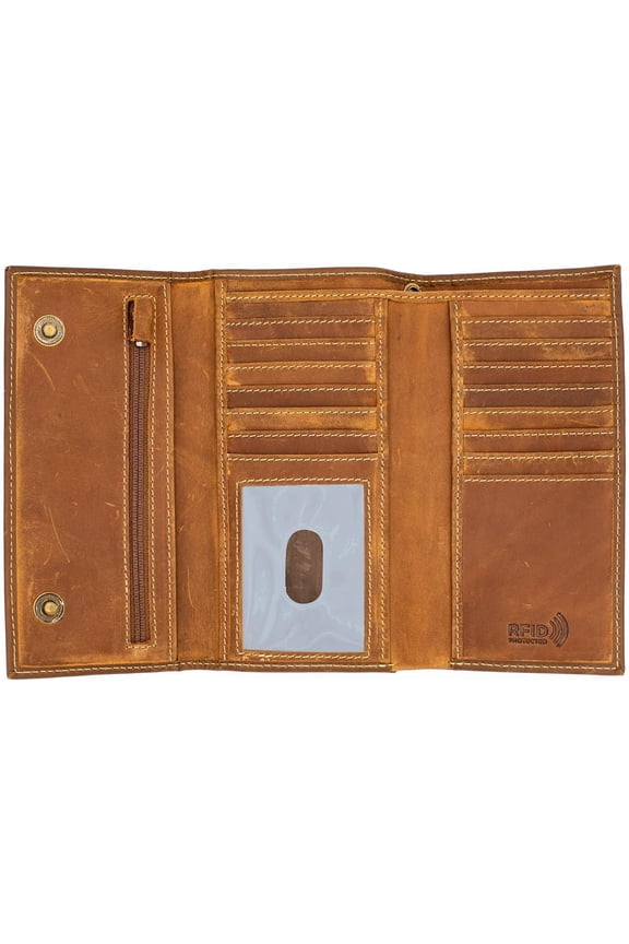 Long Trifold RFID Blocking, Credit Card Money Organizer, Top Bill Slot, Leather Biker Trifold Wallet Long Checkbook for Men