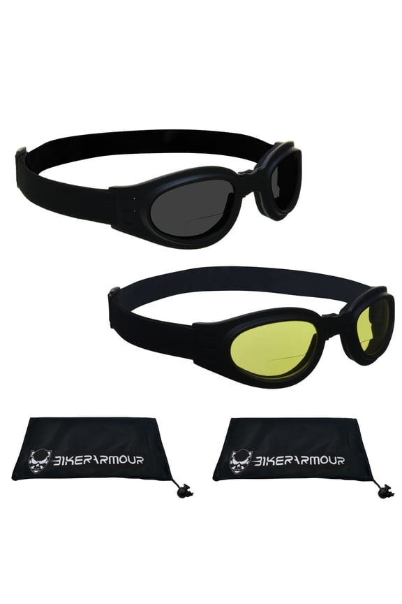 Bikershades Motorcycle BIFOCAL Reader Sunglass Foldup Safety Goggles Gray Yellow