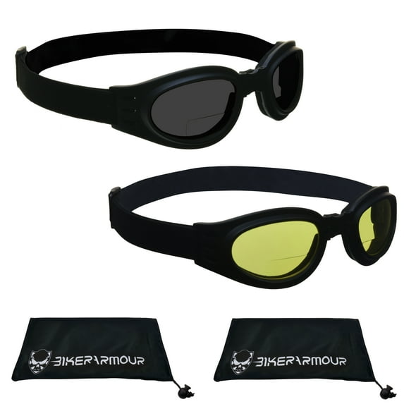 Bikershades Motorcycle BIFOCAL Reader Sunglass Foldup Safety Goggles Gray Yellow