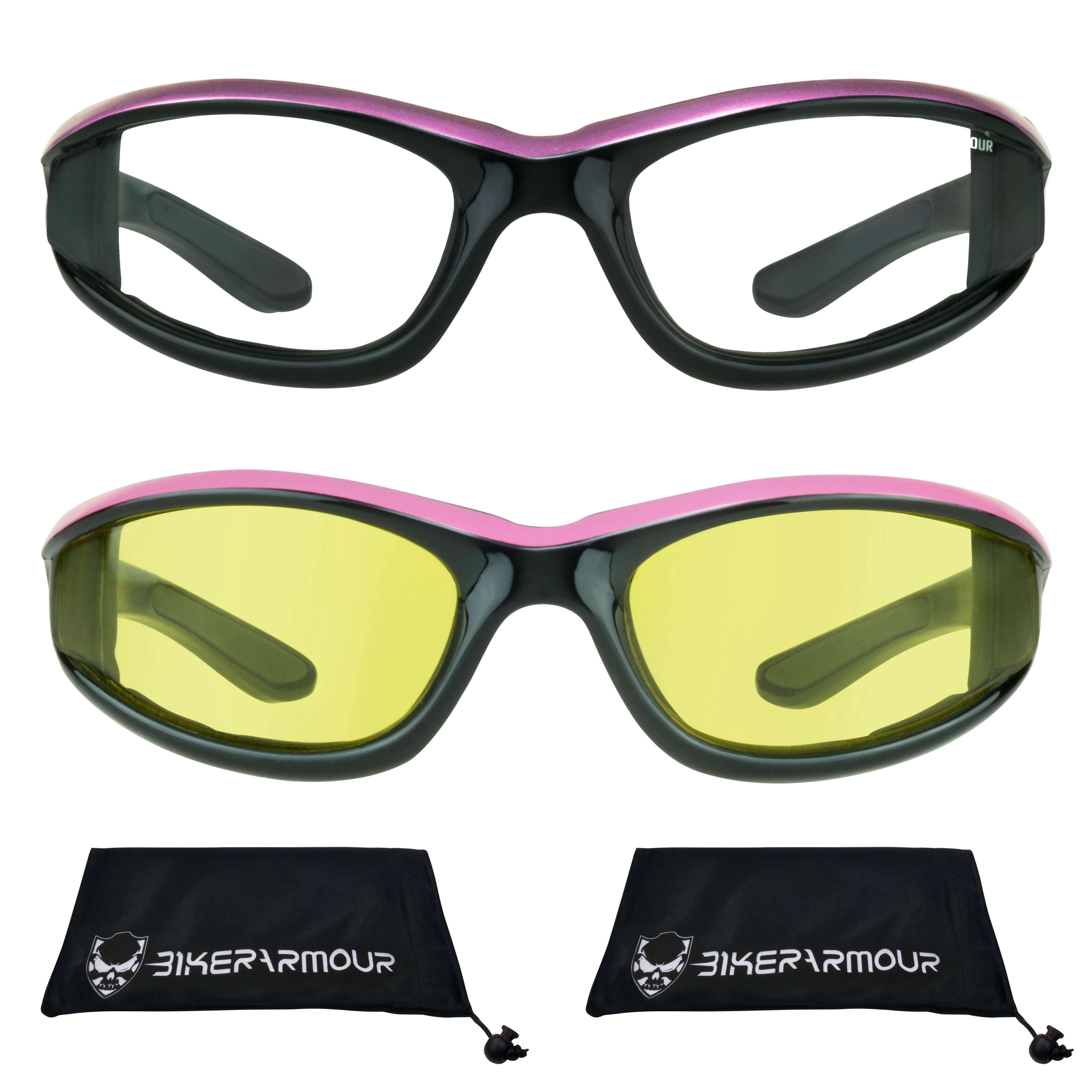 Bikershades Motorcycle Biker Night Safety Glasses Pink Women Clear & Yellow