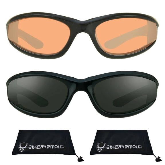 Bikershades Motorcycle Biker Safety Sunglasses Black Men Women Blue Block HD & Gray