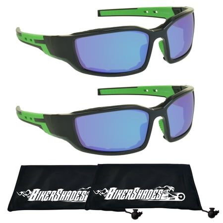 Bikershades Motorcycle Performance Sunglass Foam Padded Adult Male Mirror Blue Lens 2 Pairs