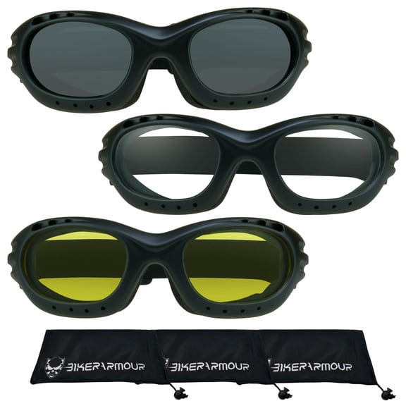 Bikershades Motorcycle Safety Riding Goggles Men Women. Polarized Lens, Smoke, Mirrored Blue or Orange, Clear Yellow Lenses