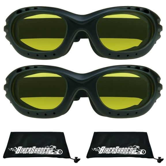 Bikershades Motorcycle Safety Riding Goggles Men Women. Polarized Lens, Smoke, Mirrored Blue or Orange, Clear Yellow Lenses