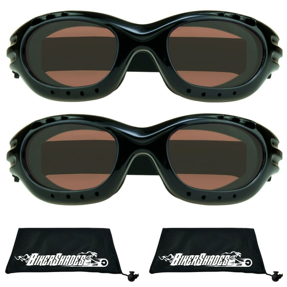 Bikershades Motorcycle Safety Riding Goggles Men Women. Polarized Lens, Smoke, Mirrored Blue or Orange, Clear Yellow Lenses