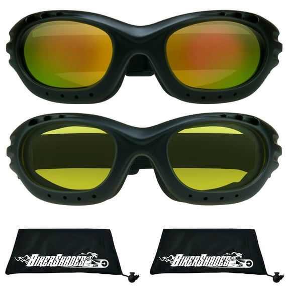 Bikershades Motorcycle Safety Riding Goggles Men Women. Polarized Lens, Smoke, Mirrored Blue or Orange, Clear Yellow Lenses