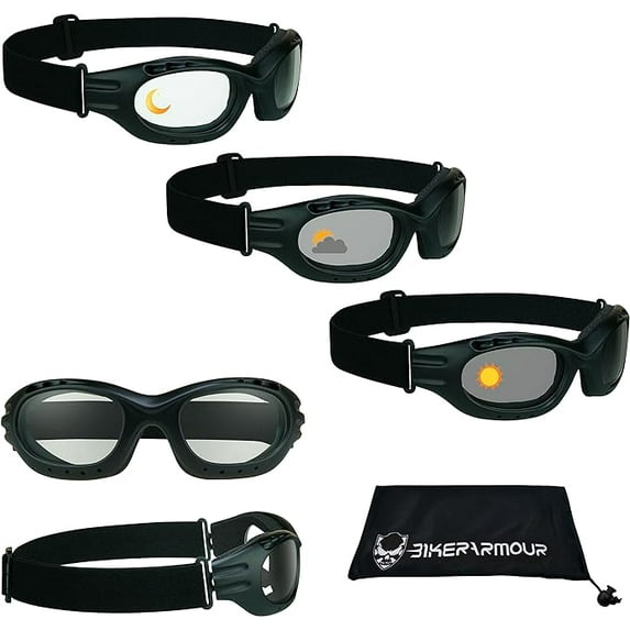 Bikershades Motorcycle Safety Riding Goggles Men Women. Polarized Lens, Smoke, Mirrored Blue or Orange, Clear Yellow Lenses
