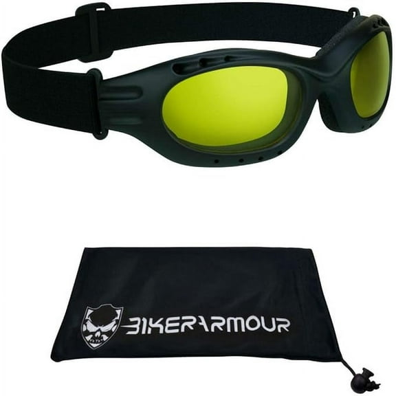 Bikershades Motorcycle Safety Riding Goggles Men Women. Polarized Lens, Smoke, Mirrored Blue or Orange, Clear Yellow Lenses