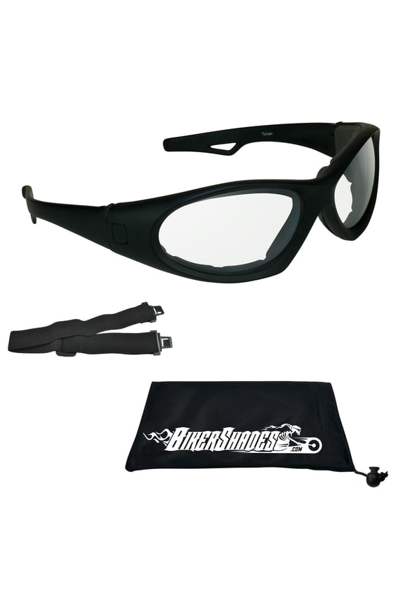 Motorcycle SunGlasses Interchangeable Strap Clear Lens Wide Extra Large Fit Men