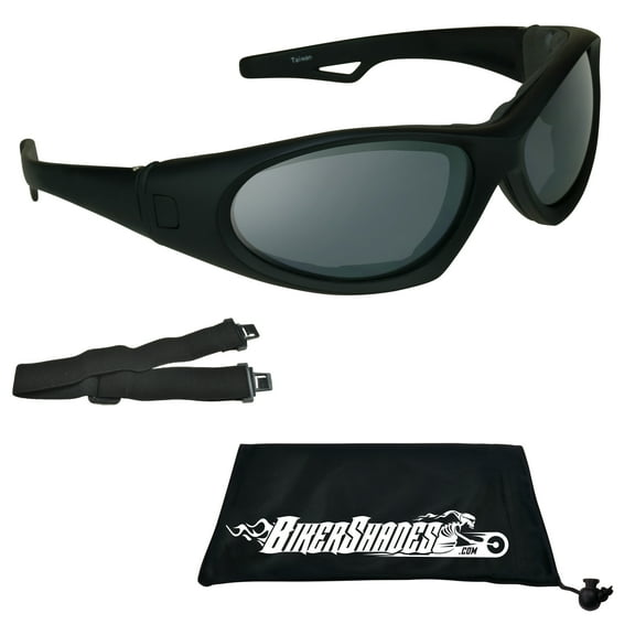 Bikershades Motorcycle SunGlasses Interchangeable Strap Smoke Lens Wide Extra Large Fit Men