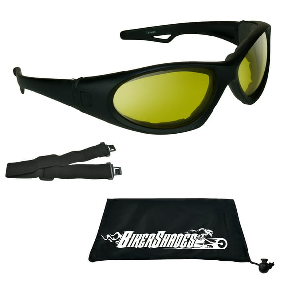 Bikershades Motorcycle SunGlasses Interchangeable Strap Yellow Lens Wide Extra Large Fit Men