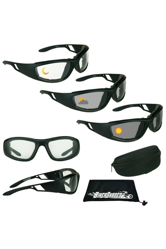 Motorcycle Transitional Foam Padded Day Riding Photochromic Lenses and Foam Sunglasses w/ Hard Case