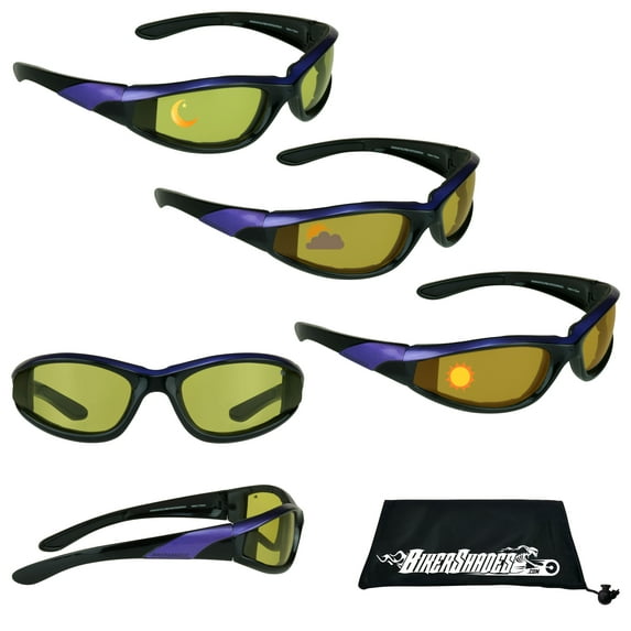 Bikershades Motorcycle Transitional Sunglass Day Night Riding Photochromic Purple Yellow