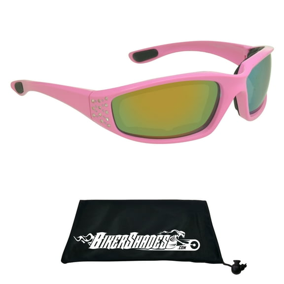 Bikershades Women Motorcycle Safety Rhinestone Sunglasses Pink Frame Orange Mirror Lens