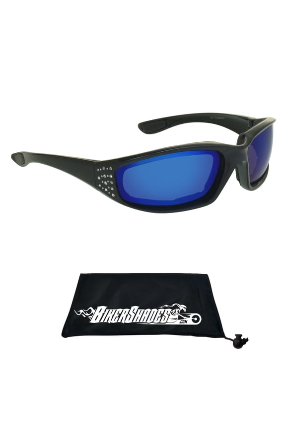 Women Rhinestone Motorcycle Safety Sunglass Blue Mirrored Lens