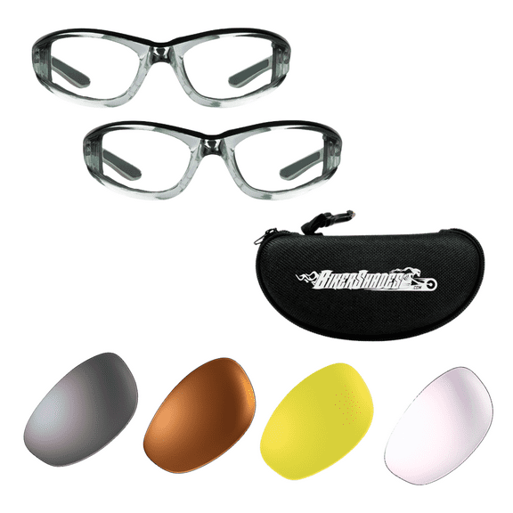 Bikershades Women’s Motorcycle Sunglasses Black Chrome Frame Foam Padded Mirror & Regular Smoke HD Yellow Clear Lenses UV400 (2 Frames   Gray, Clear, Yellow & HD Lens (MIRROR)