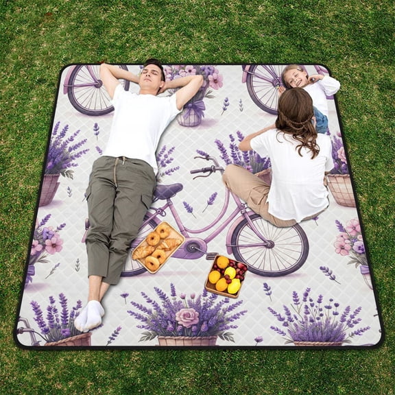 Bikes Lavender Flowers Beach Blanket Outdoor Picnic Blanket 78"x 78" Waterproof Foldable for Beach Camping Travel Hiking Grass Lawn Park