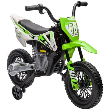 Bikes Qaba Dirt Bike with Twist Grip Throttle, 12V Electric Motorcycle, Electric Bike for Toddler with Training Wheels, Rear Suspension & Music for Ages 3-6 Years, Green, Riding Toys