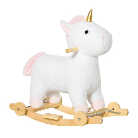 Bikes Qaba Rocking Horse, 2 in 1 Ride on Horse, Rolling Unicorn Animal Rocker with Sound, Wooden Base, Pedal, Grip Handle, Plush Riding Pony for 3-6 Years Old, White, Riding Toys