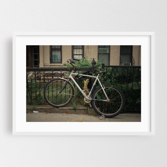 Biking Crown Heights - Brooklyn New York Photography Vintage Street Photography Bicycle City Rustic Architecture White Framed Wall Art Print 5 x 7 inches
