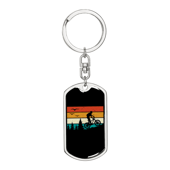 Biking In The Mountain Cycling Stainless Steel or 18k Gold Premium Swivel Dog Tag Keychain