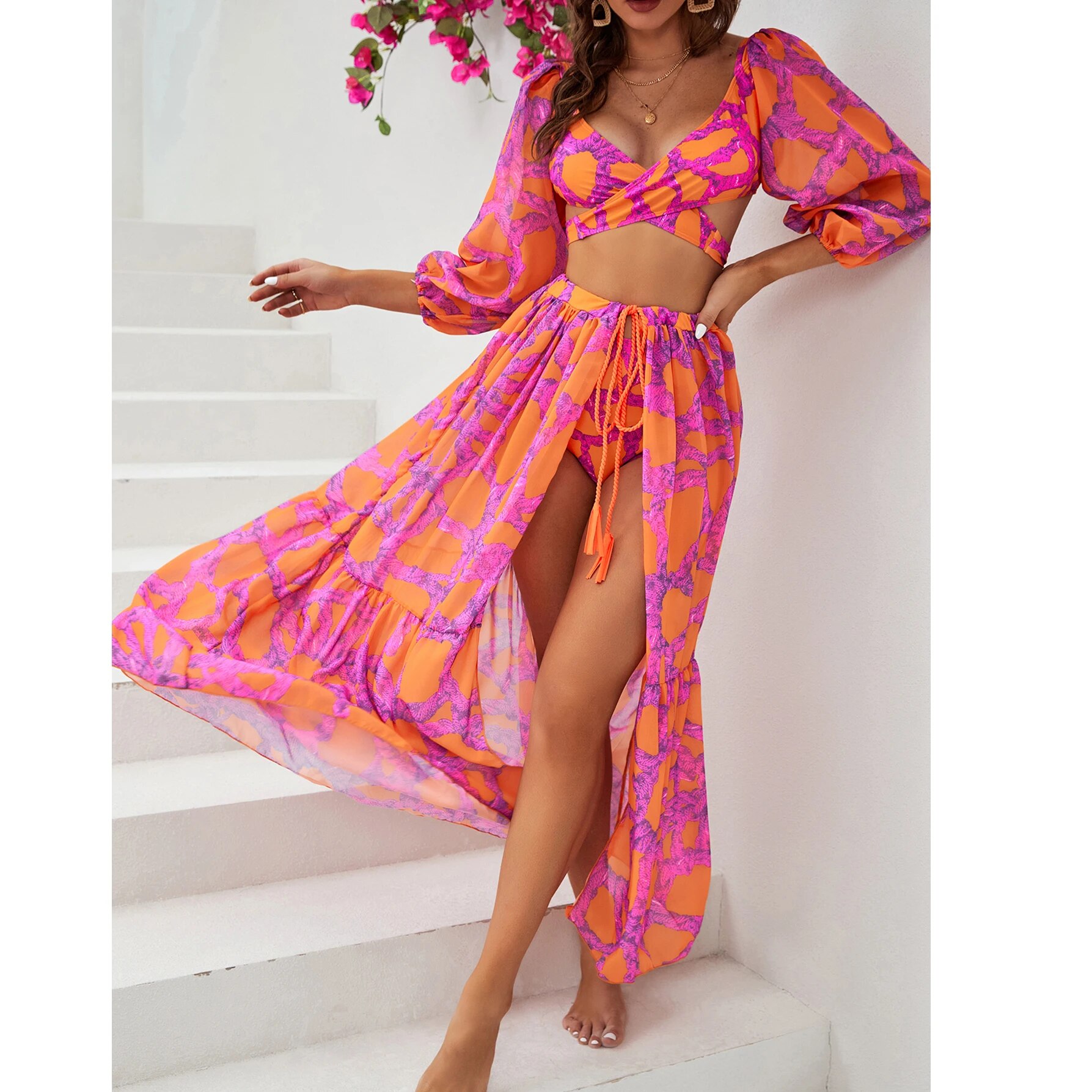 Body Wrappers Tribal Print Flowing Panel Tunic Or Skirt - Versatile Two-Piece Attached Sash Design