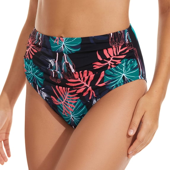 Bikini Bottoms For Women Tummy Control High Cut Bathing Suit Comfortable Floral Print Ruched Scrunch Swim Bottom Green S