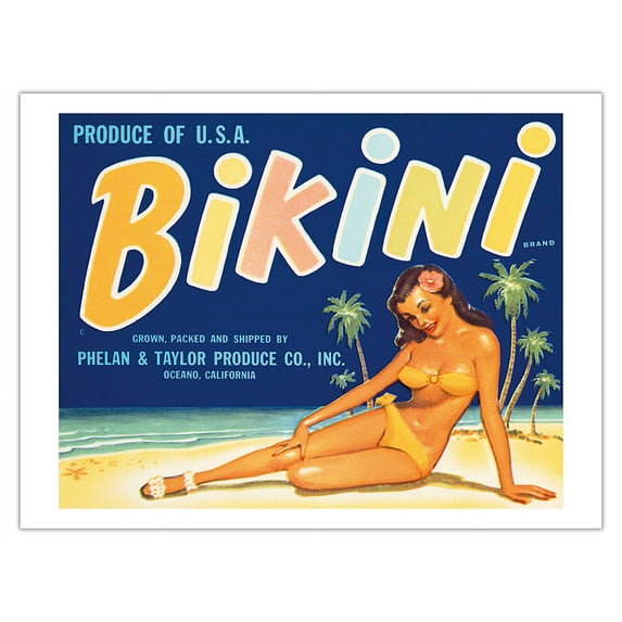 Bikini Brand - Produce of U.S.A. - Vintage Fruit Crate Label c.1950s - Bamboo Fine Art 290gsm Paper (Unframed) 12x16in
