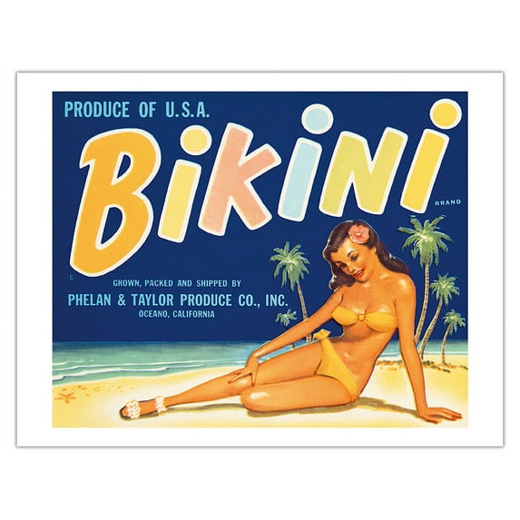 Bikini Brand - Produce of U.S.A. - Vintage Fruit Crate Label c.1950s - Fine Art Matte Paper Print (Unframed) 20x26in