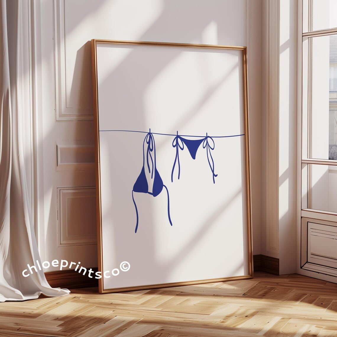 Bikini On Clothesline Print, Navy Apartment Decor, Coastal Beachy Room ... - Beachy Apartment Decor With Tropical Print