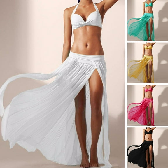 Bikini Cover Up Solid Color Stretchy Net Yarn Semi-Sheer Slit Cover Up Skirt for Vacation